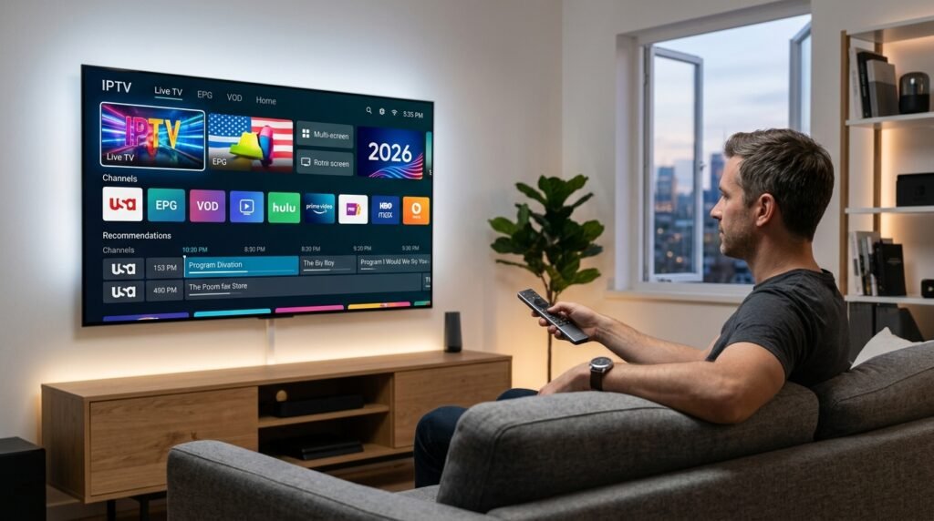 Person using IPTV service on television